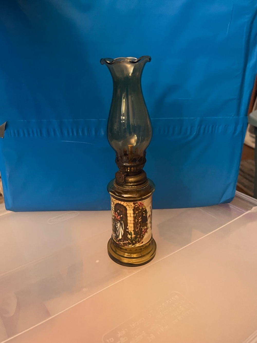 Vintage Glass Oil Hurricane Lamp with Decorative Base